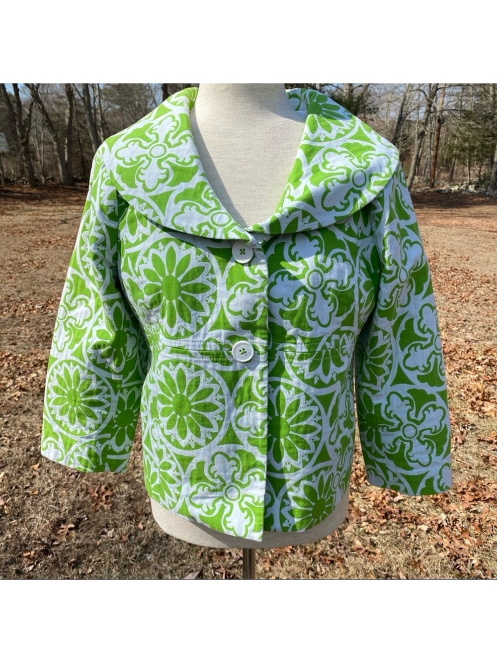 LILLY PULITZER JACKET COAT BLAZER GREEN WHITE FLORAL 3/4 SLEEVE Size 8
